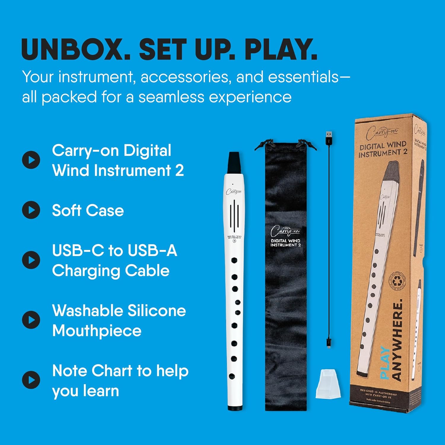 Contents of the Carry-on Digital Wind Instrument 2 box including the instrument, soft case, USB-C cable, silicone mouthpiece, and note chart.