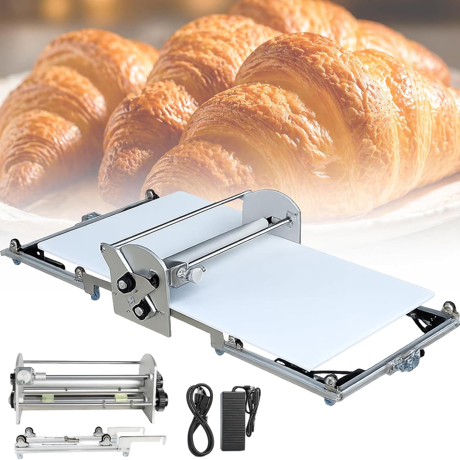 Macchina per Pasta Elettrica, Sfogliatrice Pieghevole Con Spessore Regolabile 0 a 25Mm, Pressa per Pasta in Acciaio Inox E Laminatrice per Croissant per Panetterie Commerciali Domestiche E Pizzeria
