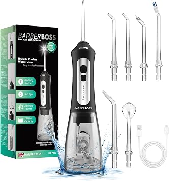 BarberBoss Water Flosser, Portable Oral Irrigator, Electric Tooth Flosser, Plaque Remover for Teeth, Dental Flosser, Teeth Cleaning Kit, Cordless Water Flossers for Gum Health, QR-7025 Black