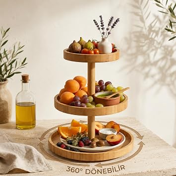 3 Katlı Bambu Sunum Standı, 360 Derece Dönebilen Ahşap Meyvelik ve Servislik, Katlı Kahvaltılık, Tatlı, Çerez, Pasta, Meyve ve Sofra Sunum Tepsisi
