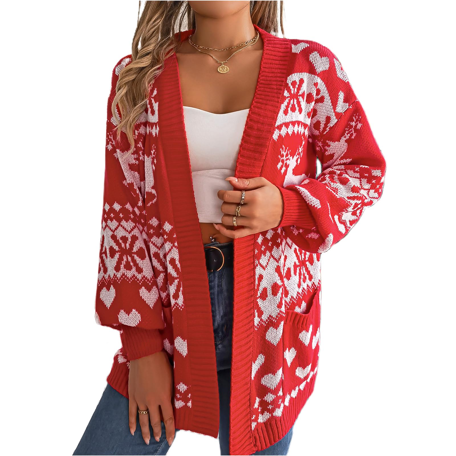 Womens Ugly Christmas Cardigan Xmas Elk Snowflake Print Long Sleeve Open Front Sweater Knit Coat Outwear