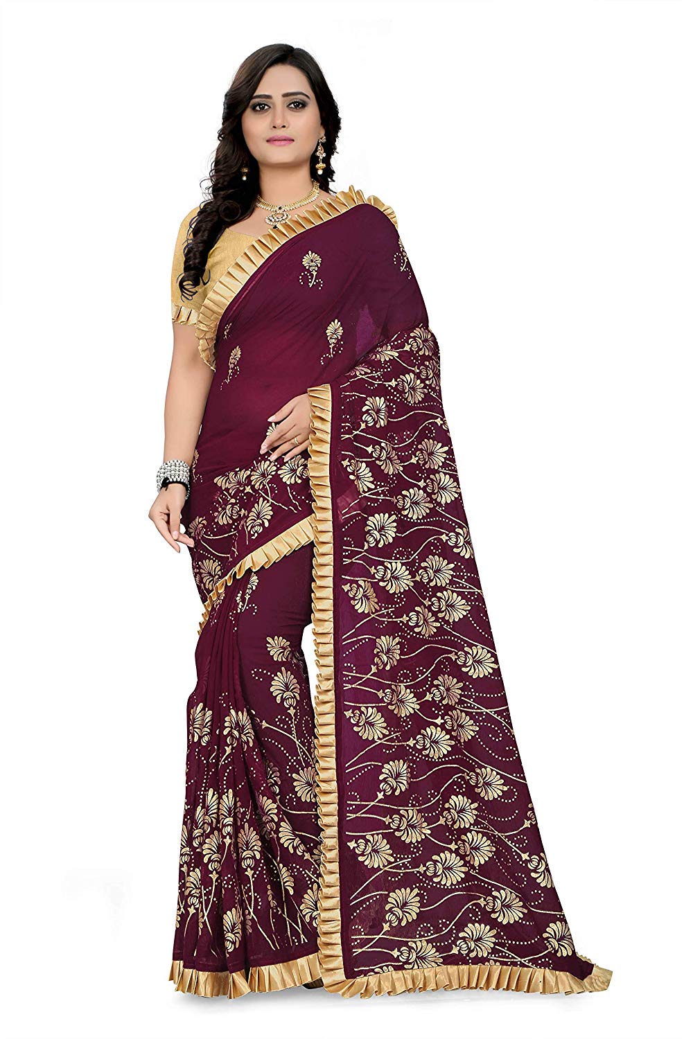 Reeva TrendzWomen's Georgette Leather Print Work Saree With Blouse Piece