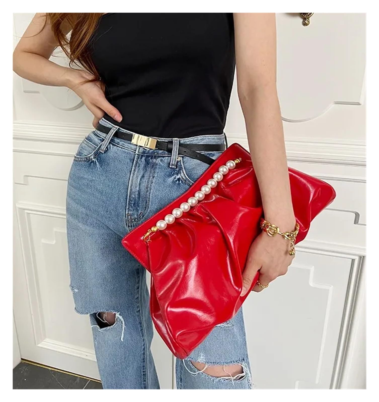 Pochette per donna Pochette da donna con pieghe, design a catena di perle, borsa da donna, borsa da banchetto in pitone, busta da sera, pochette da donna, borse a mano, bolsas Pochette Donna Elegante(