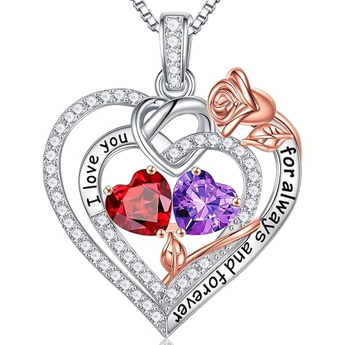 Iefil Rose Heart Necklaces Gifts for Her - 925 Sterling Silver Heart Birthstone Necklace, Anniversary Birthday Gifts for Women, Personalized Gifts, Jewelry Gifts for Women Wife Girlfriend Mom