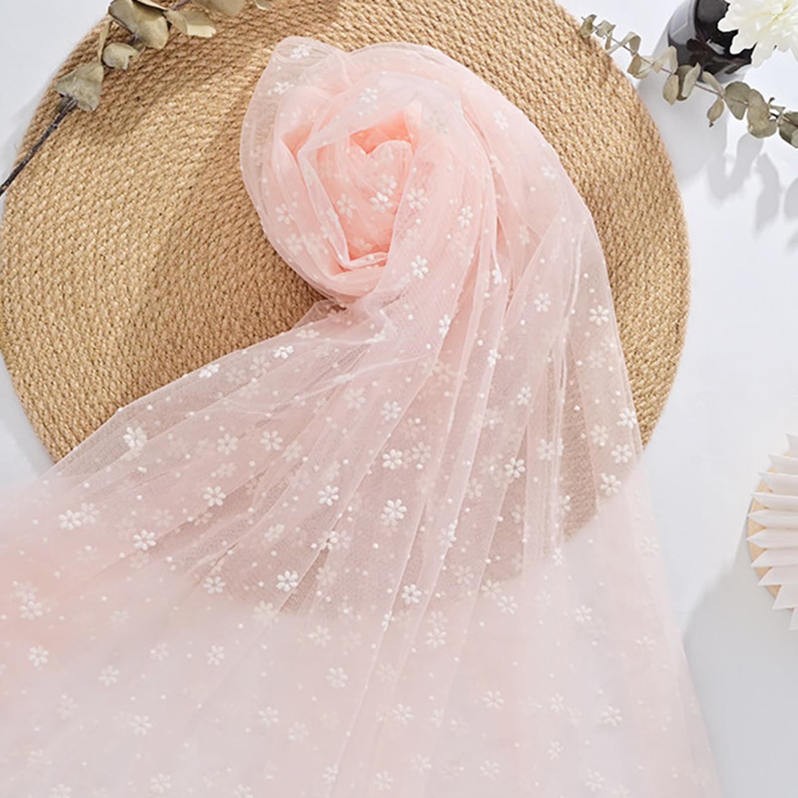 Dxcaicc Tulle 6-Petal Design Snowflake Mesh Fabric 1.6X2M Plum Blossom Floral Pattern Flowers Gentle Cloth for Romantic Background Decor,Sakura Pink