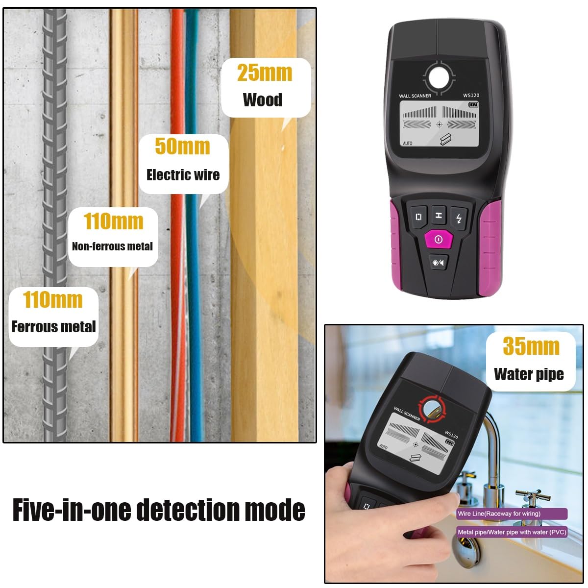 Detector de pared, detector de pared multifuncional portátil, cable y alambre vivo, buscador de metales for tuberías de agua de PVC, detector de metales, escáner de pared