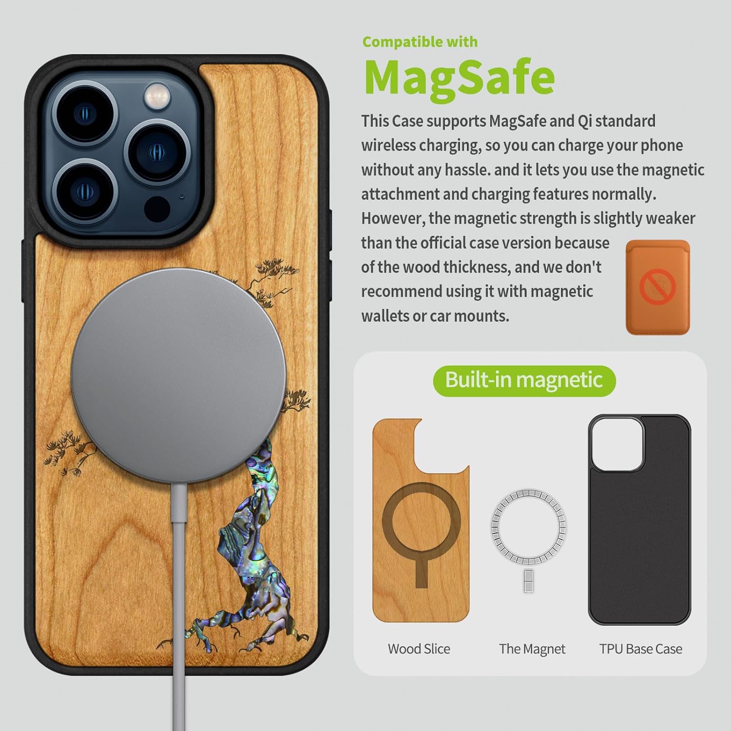 Carveit Wooden Case for iPhone 15 Pro Magnetic Case, Compatible with MagSafe Wireless Chargers, Shockproof Cover, Handmade Shell Inlaid & Wood Artisan Engraved (Majestic Pine Tree) Cherry