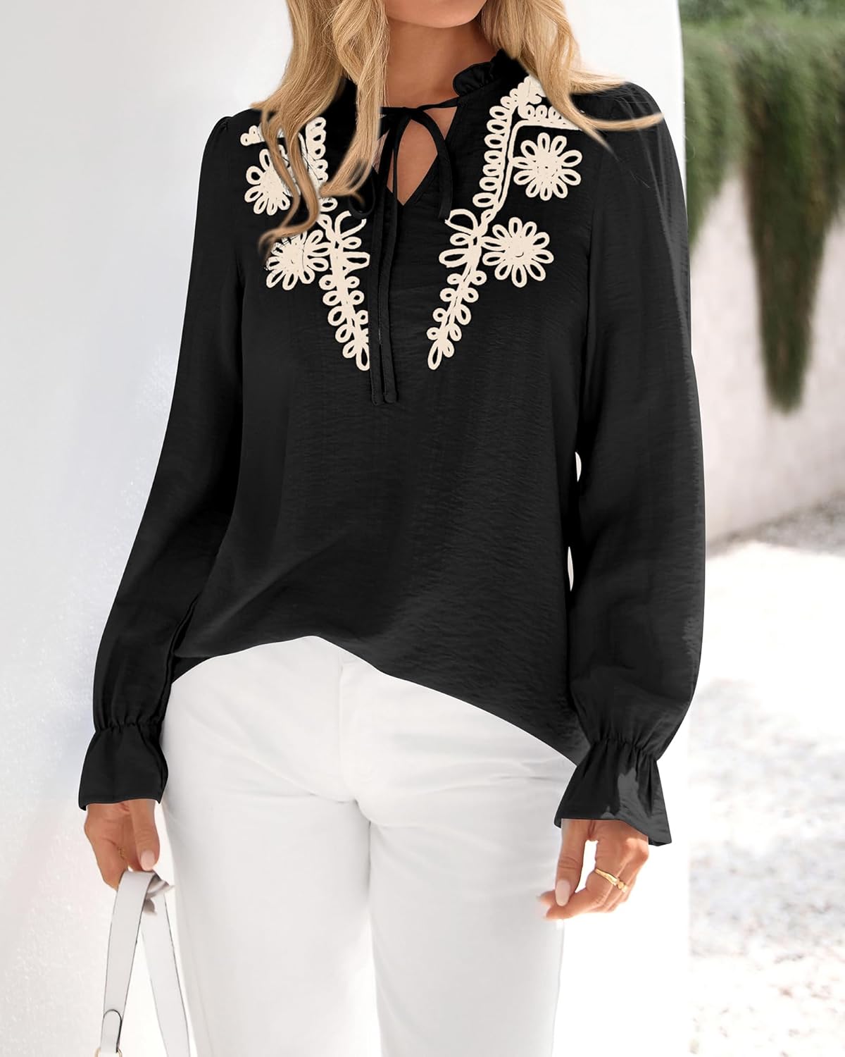 BTFBM Womens Tops Dressy Casual Fall 2025 Boho V Neck Ruffle Long Sleeve Shirts Floral Embroidered Work Business Blouses - Image 2