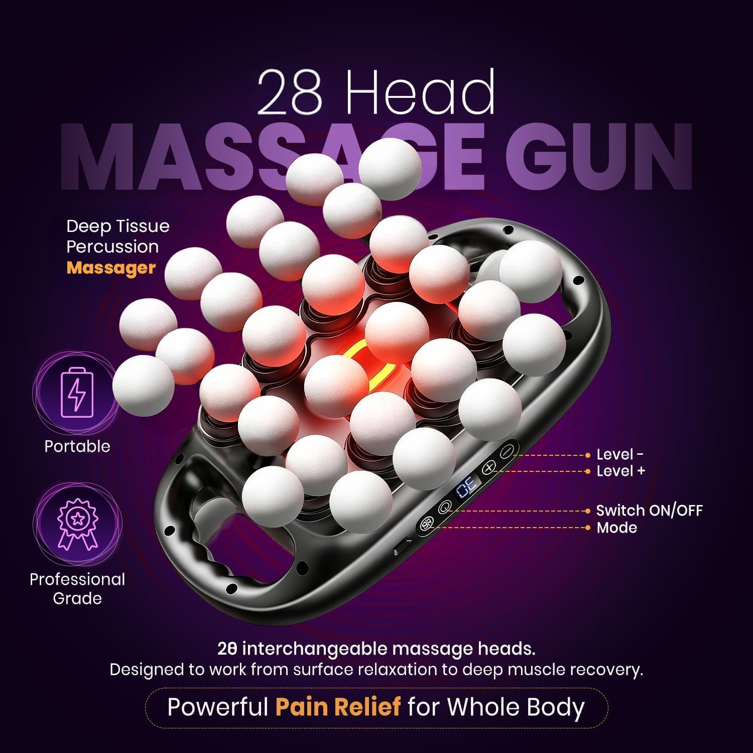 28 Head Massage Gun Deep Tissue, Back Muscle Massager with 3 Modes & 30 Intensities, Portable Quiet Percussion Massager for Legs, Waist, Back, Neck, Buttocks Muscles Pain Relief. image 2