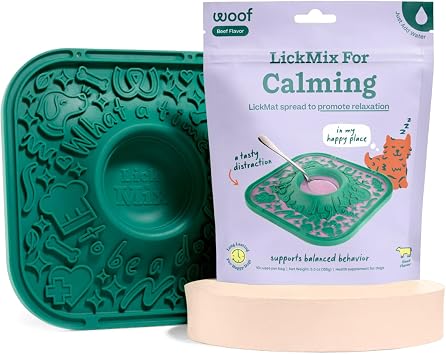 Woof Lick Mat and Calming LickMix Starter Pack Bundle - Dog Enrichment and Spread - Slow Feeder Mat with Non-Slip Design - Delicious, Lower Calorie Mix -Green