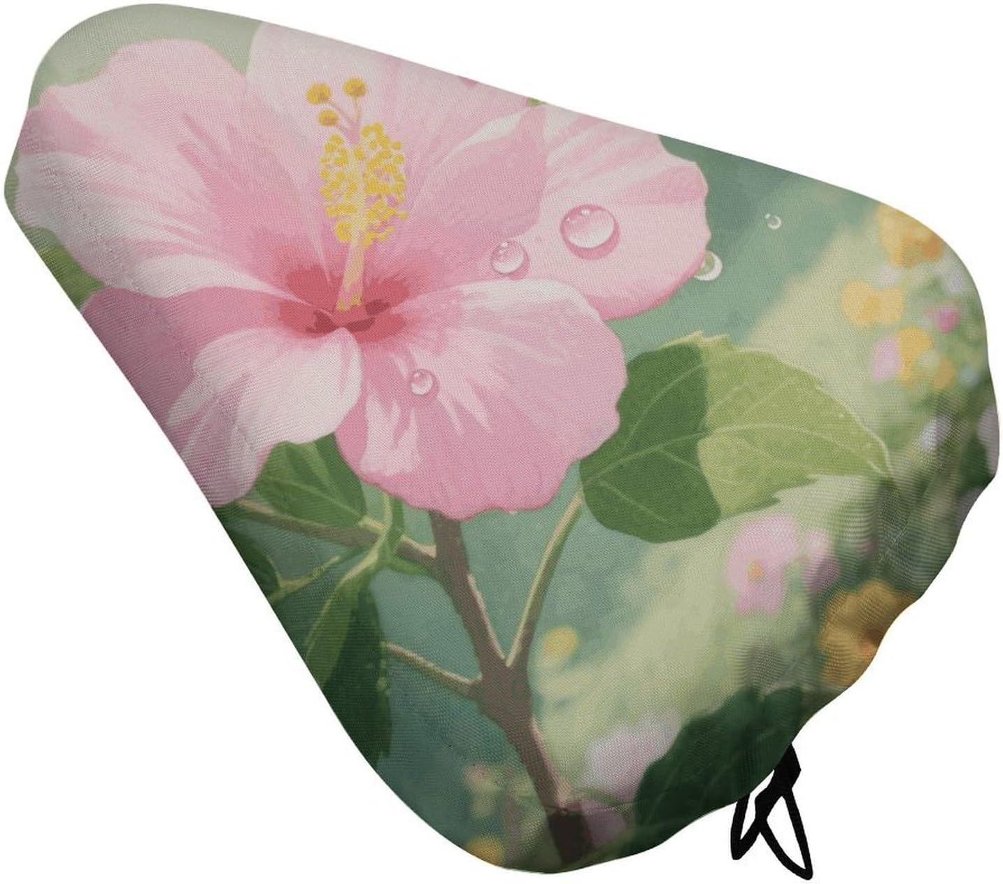 Hibiscus Floral Padded Bike Seat Cover with Drawstring and Spring Buckle, Waterproof Bicycle Seat Cushion Extra Wide, Soft Comfort Bicycle Saddle for Mountain Exercise Road Bikes