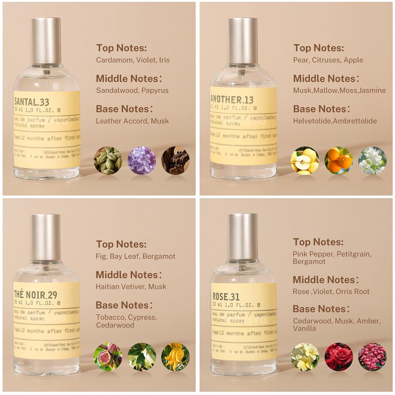 Mini Perfume for Men & Women | 4 × 30 ml Eau de Parfum Gift Set, 33Santal + 13Another + 29The Noir + 31Rose | Sandalwood Long-Lasting Fragrance for Travel, Party, Gym,Work