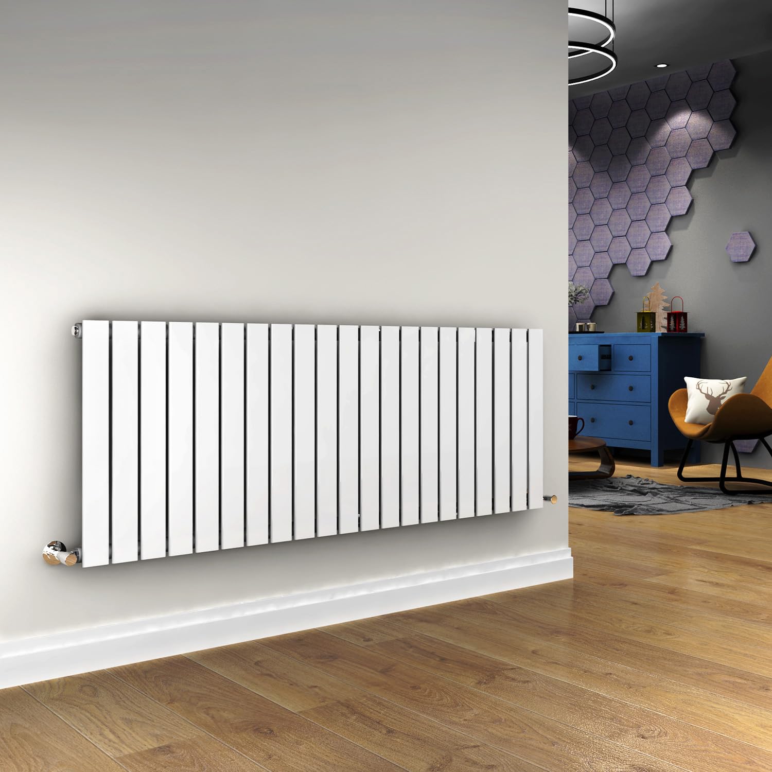 ELEGANT 600 x 1594 mm White Horizontal Column Designer Radiator Single Flat Panel Modern Central Heating Panels Bathroom Radiators