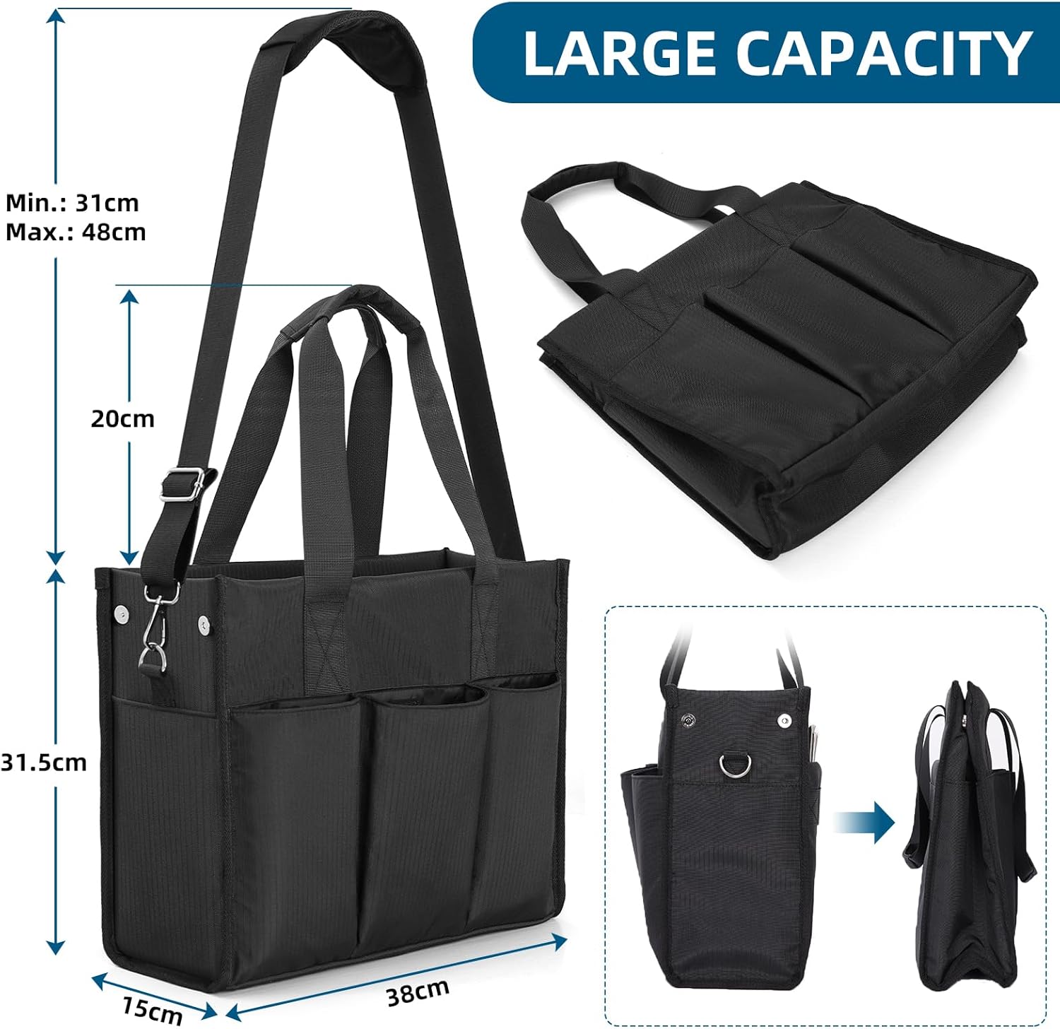 MASTLU Utility Waterproof Tote Bag with Compartments, Portable Tote Bag for Men/Women Work, Top Zipper Closure & Thick Bottom, Crossbody Work Laptop Bag briefcase Handbags(Black) - Image 3