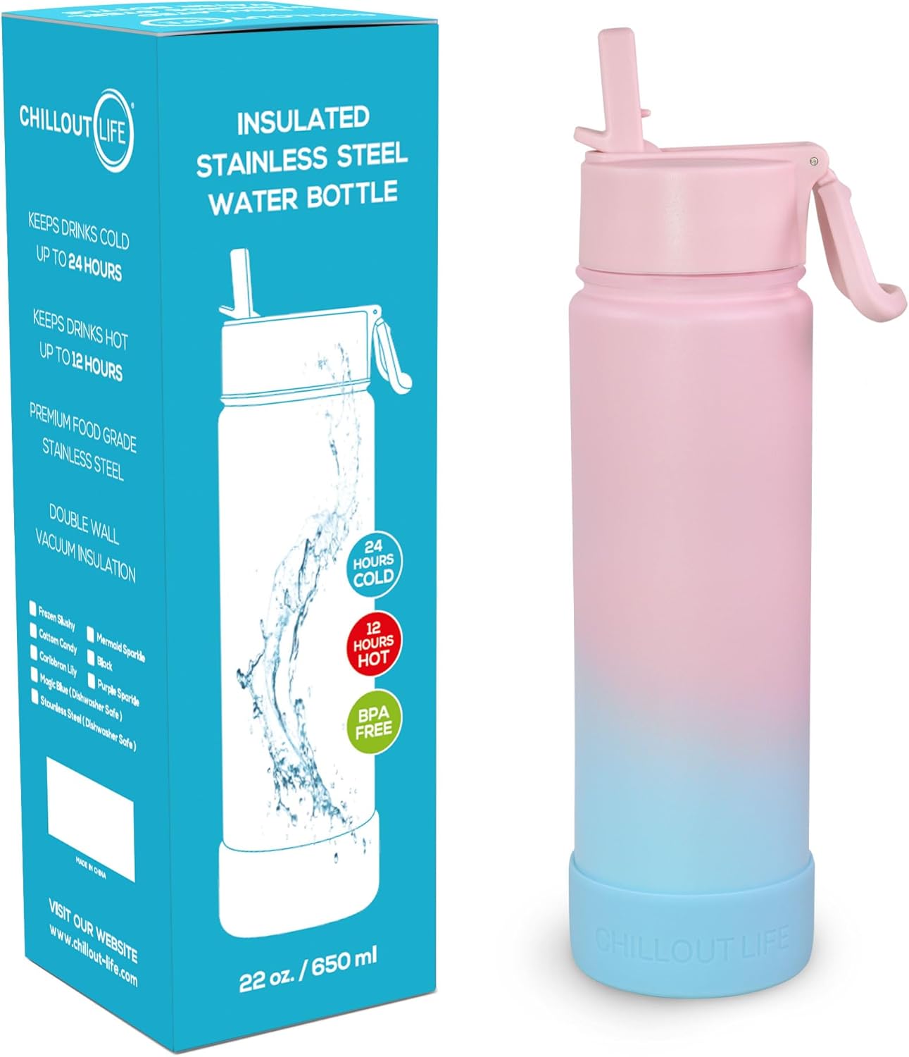 CHILLOUT LIFE 22 oz Kids Insulated Water Bottle for School with Straw Lid Leakproof and Cute Waterproof Stickers, Personalized Stainless Steel Thermos Flask Metal Water Bottle, Cotton Candy - Image 2