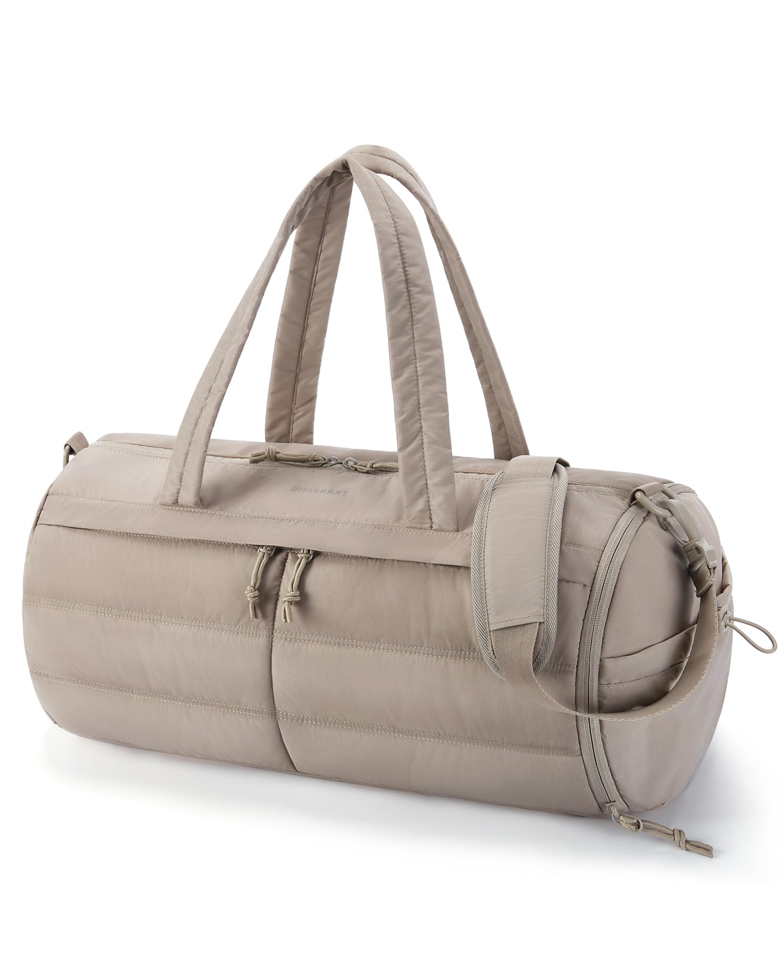 BAGSMART Puffer Gym Bag for Women, Lightweight Duffel with Shoe Compartment, Weekender Bags with Wet Pocket, Workout Overnight Carry on for Travel, Light Tan, Camel