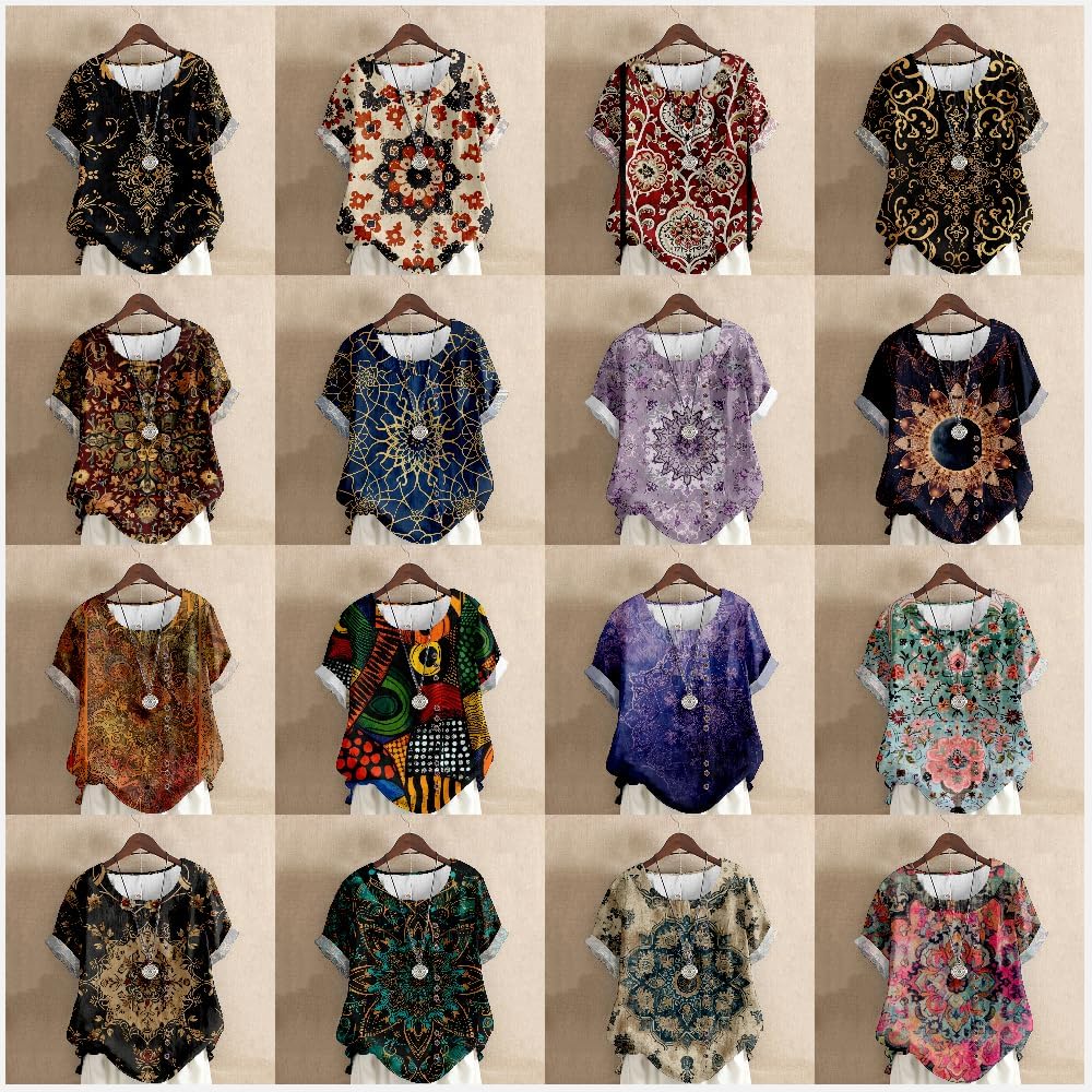 MARSVOVO Flower Blouse for Women Decorative Buttons Vintage Short Sleeve U Neck Oversize Loose Boho Top Women - Image 3