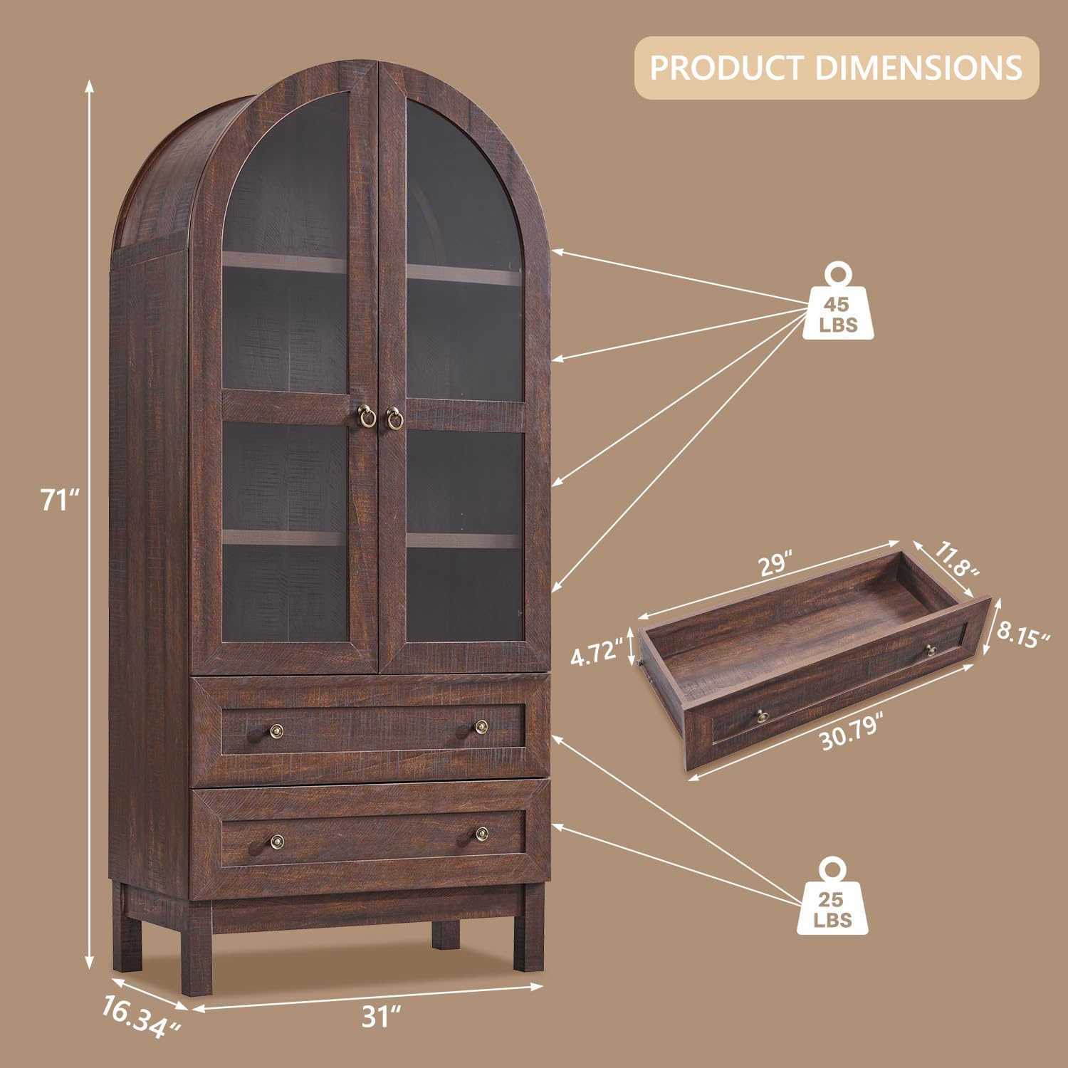 71" Tall Arched Bathroom Storage Cabinet, 4-Tier cabinet w/2 Large Drawers &Adjustable Shelves, Wooden bathroom Floor cabinets w/Glass Doors, Modern Farmhouse Versatile Cabinets for bathroom, Brown