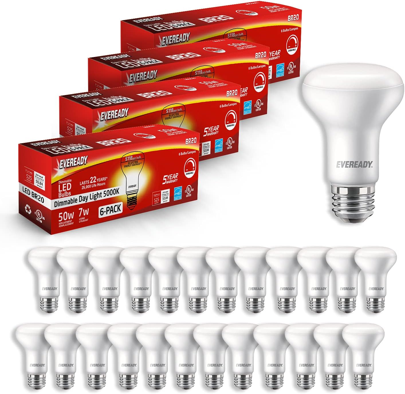 Eveready Led Flood Light Bulbs, BR20, 50 Watt Equivalent (7W Led Bulb), 525 Lumens, 5000K Daylight Color, Dimmable, E26 Base Flood Lights for Recessed Cans, Energy Star and UL Certified – 24 Pack