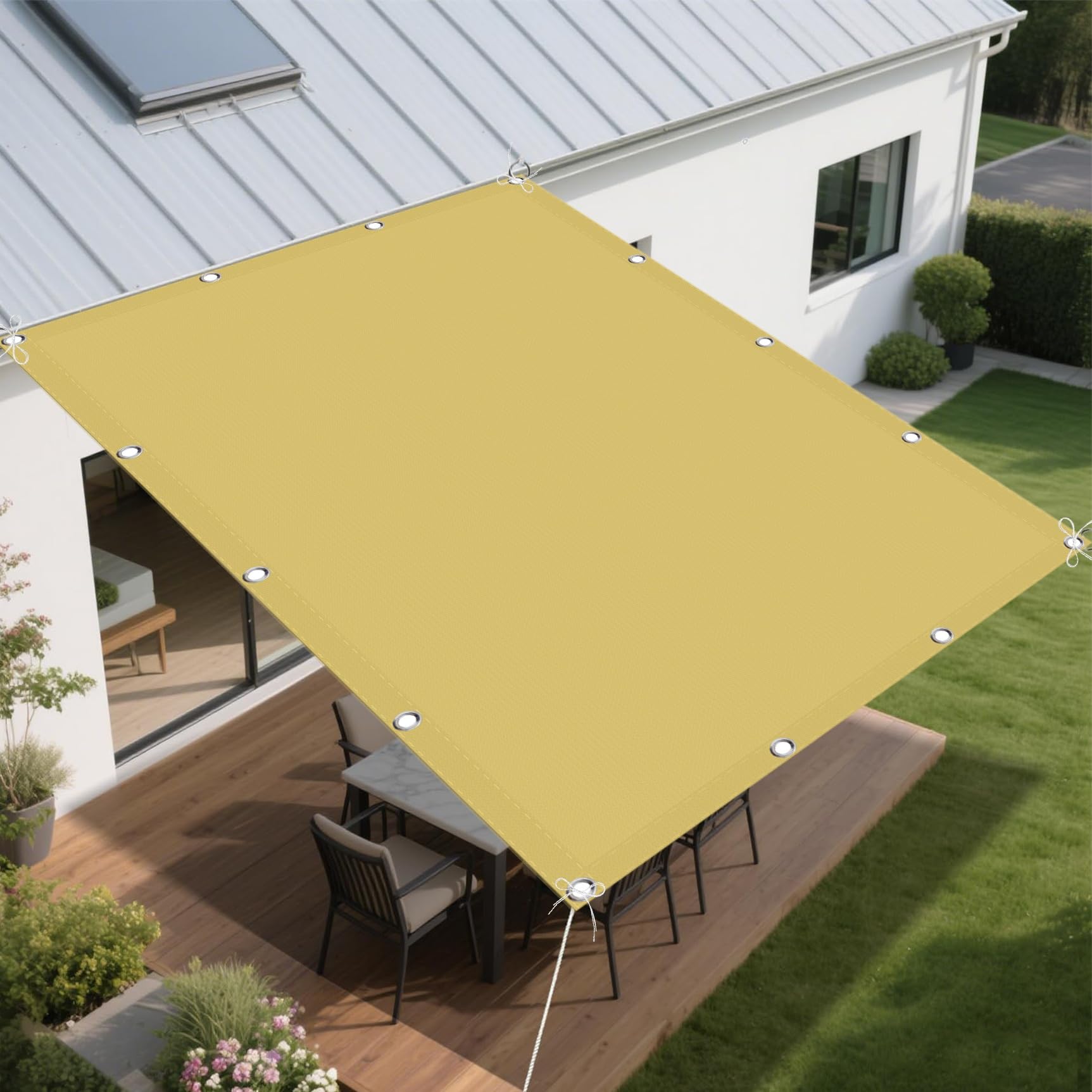 Auvent terrasse et jardin jaune sable pour créer un coin repas ombragé et frais
