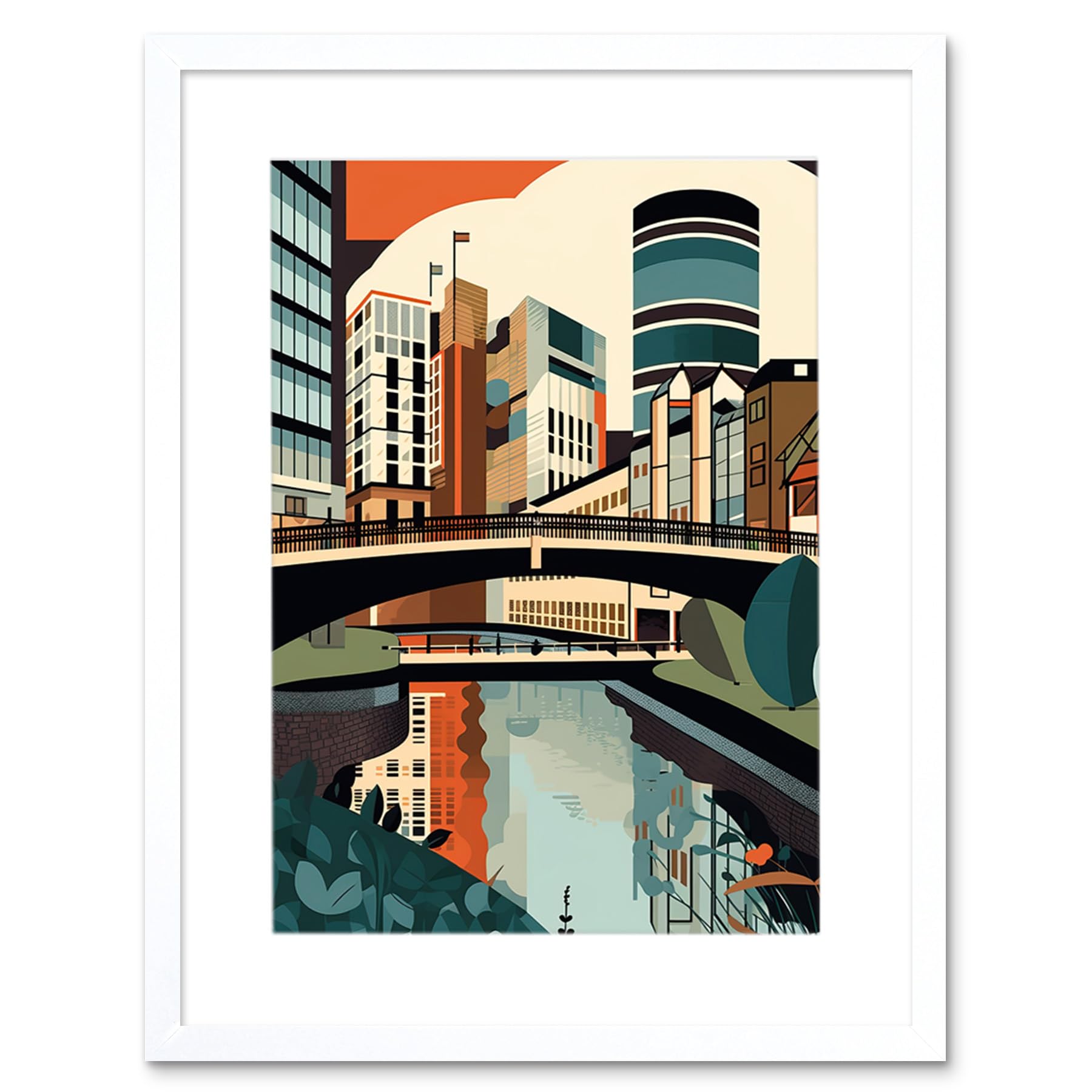 Artery8 Birmingham City Centre Canal Geometric Cityscape Artwork Framed Wall Art Print 12X16 Inch