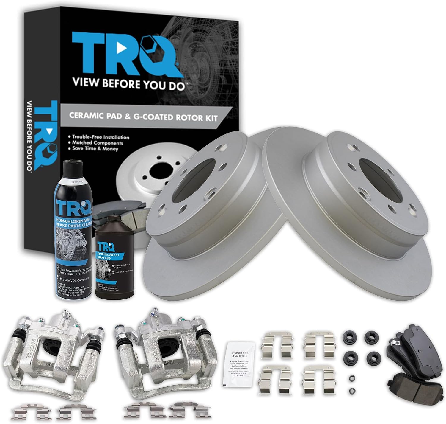TRQ Rear Brake Pad, Caliper, & Rotor Kit, with Chemical Kit Ceramic Premium G-Coated Compatible with 2015 Hyundai Sonata