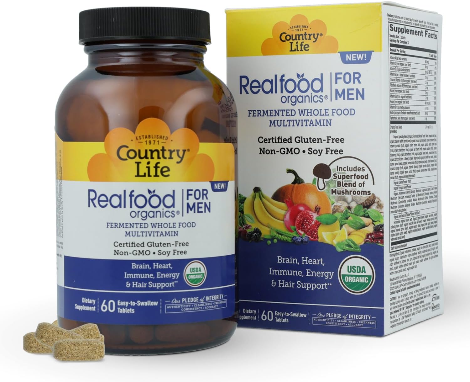 Country Life RealFood Organics for Men – 60 Tablets | 1,300mg Organic Fermented Whole Foods, 7-Mushroom Superfood & Aloe – Certified Gluten-Free, Vegan & USDA Organic Multivitamin - Image 2