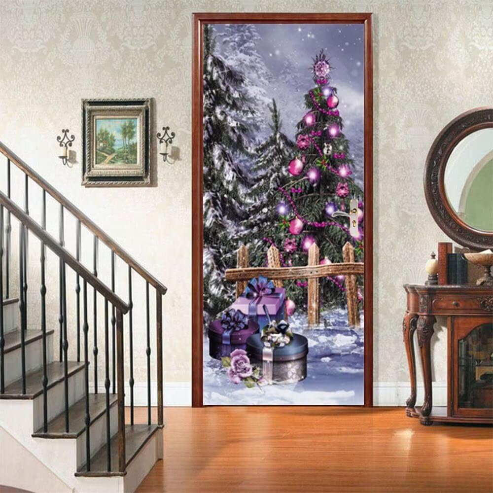 Vinilos Puertas 3D Vacaciones Árbol De Navidad Pegatinas Decorativas de Puerta Pegatina Pared Murales Adhesivo para Puerta para Interiores Dormitorio Bano Decoración del Hogar Regalo 95X215cm -MT2108