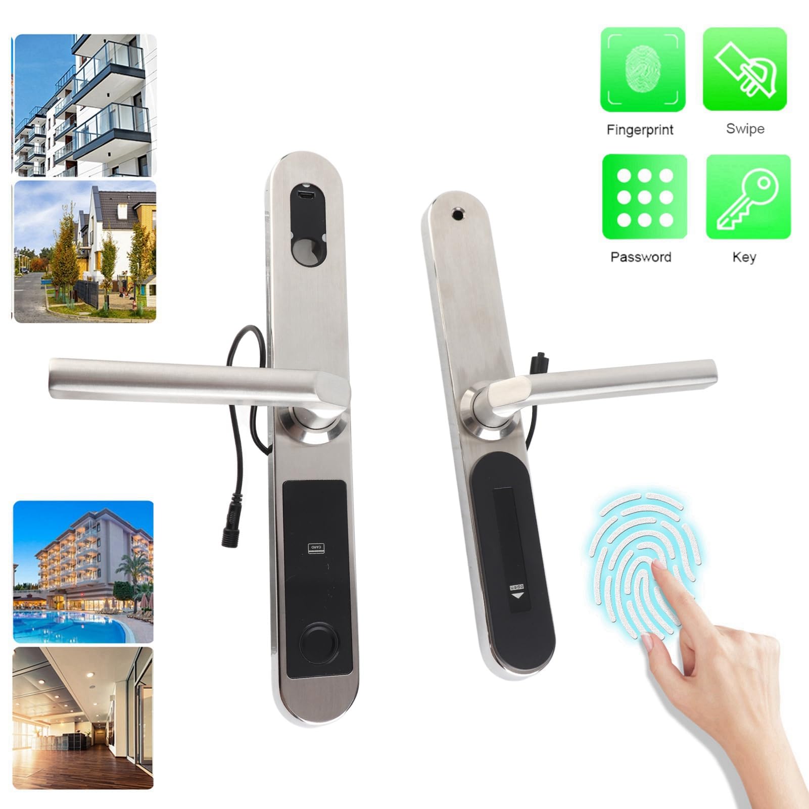 Fingerabdruck Digitales Türschloss Einstellbares Griff Silber für Home Office School, Glastür Schloss Elektretür Schloss Fingerabdruck Smart Lock Digital Lock Passwort