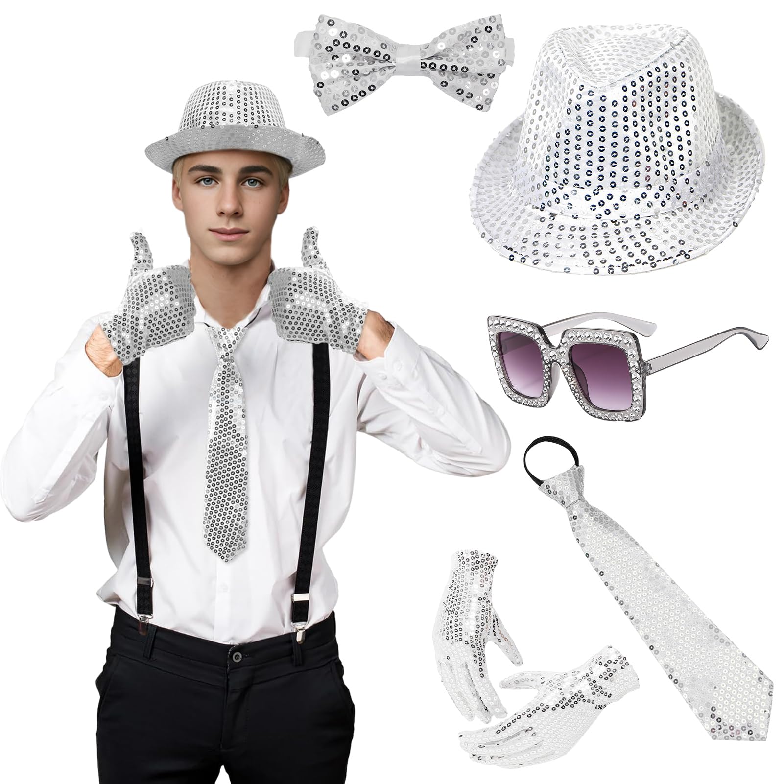 BOXOB 70er Jahre Disco Kostümzubehör Set – Glitzer Ohrringe, Paillettenschal, Sonnenbrille, Armband Für Damen