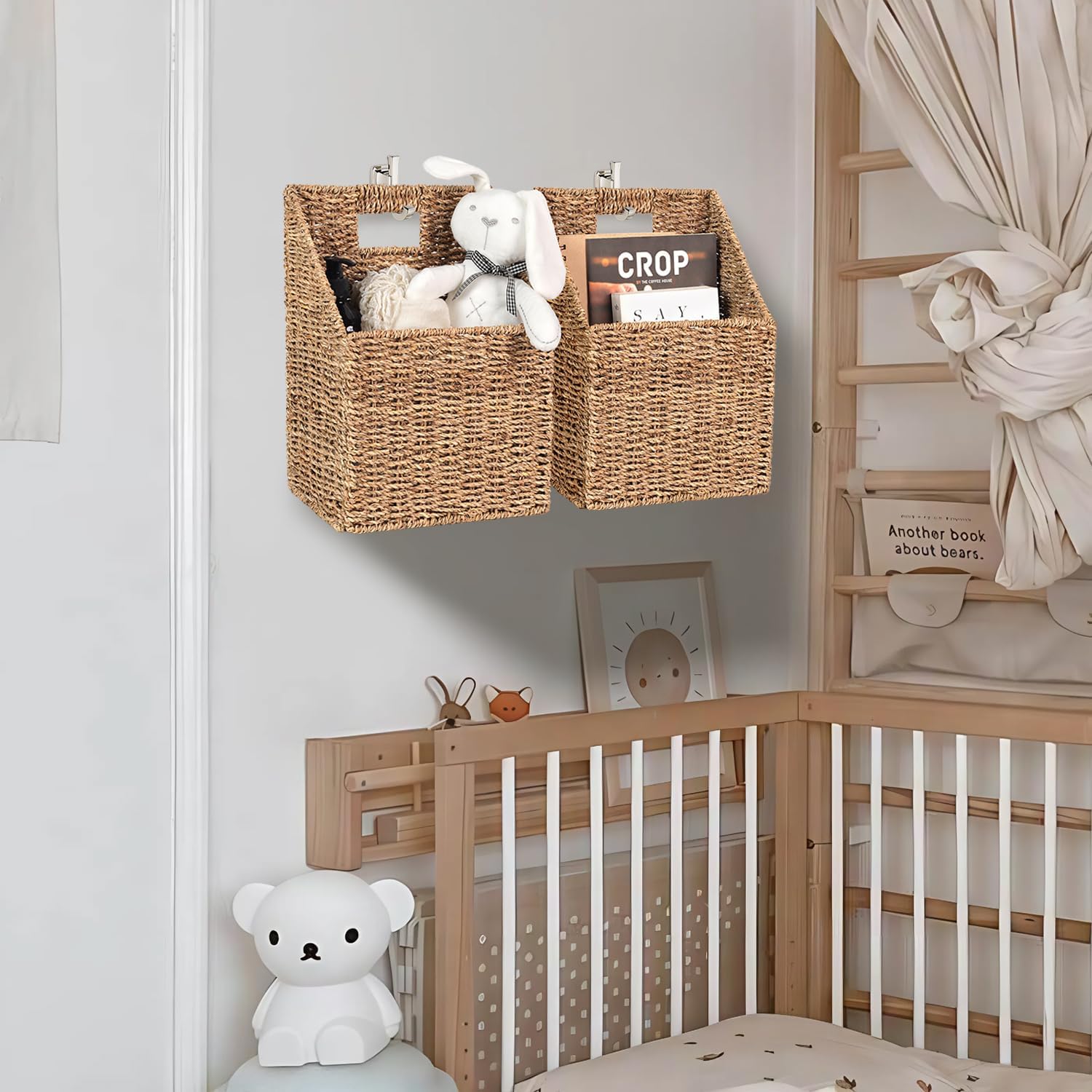 Wicker Hanging Storage Basket (10,5"Lx6,5"Wx13"H), Set of 2 Wall Baskets, Seagrass Baskets, Wall Decor Wicker Basket Hanging for Organizing Files, Mails, Books, Magazine,...