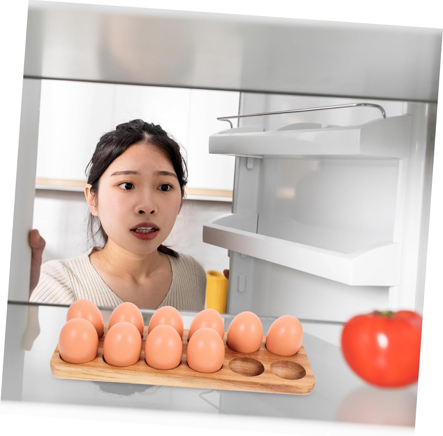 Garneck Wooden Egg Holder Tray for Refrigerator 12 Slots Organizer Rustic Kitchen Countertop Storage Egg Dispenser Removable Inner Tray Display