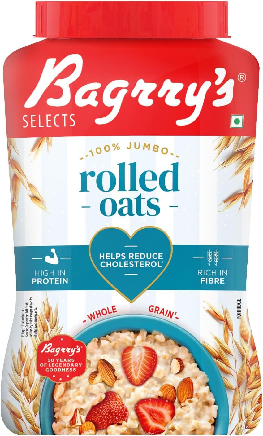 Bagrry’s 100% Jumbo Rolled Oats 1kg Jar | Prebiotic, Whole Grain, High Fibre & Protein Breakfast Cereal | Non-GMO Oats | No Added Sugar & Preservatives | Perfect or Weight Loss & Heart Health | Instant Oats for Breakfast