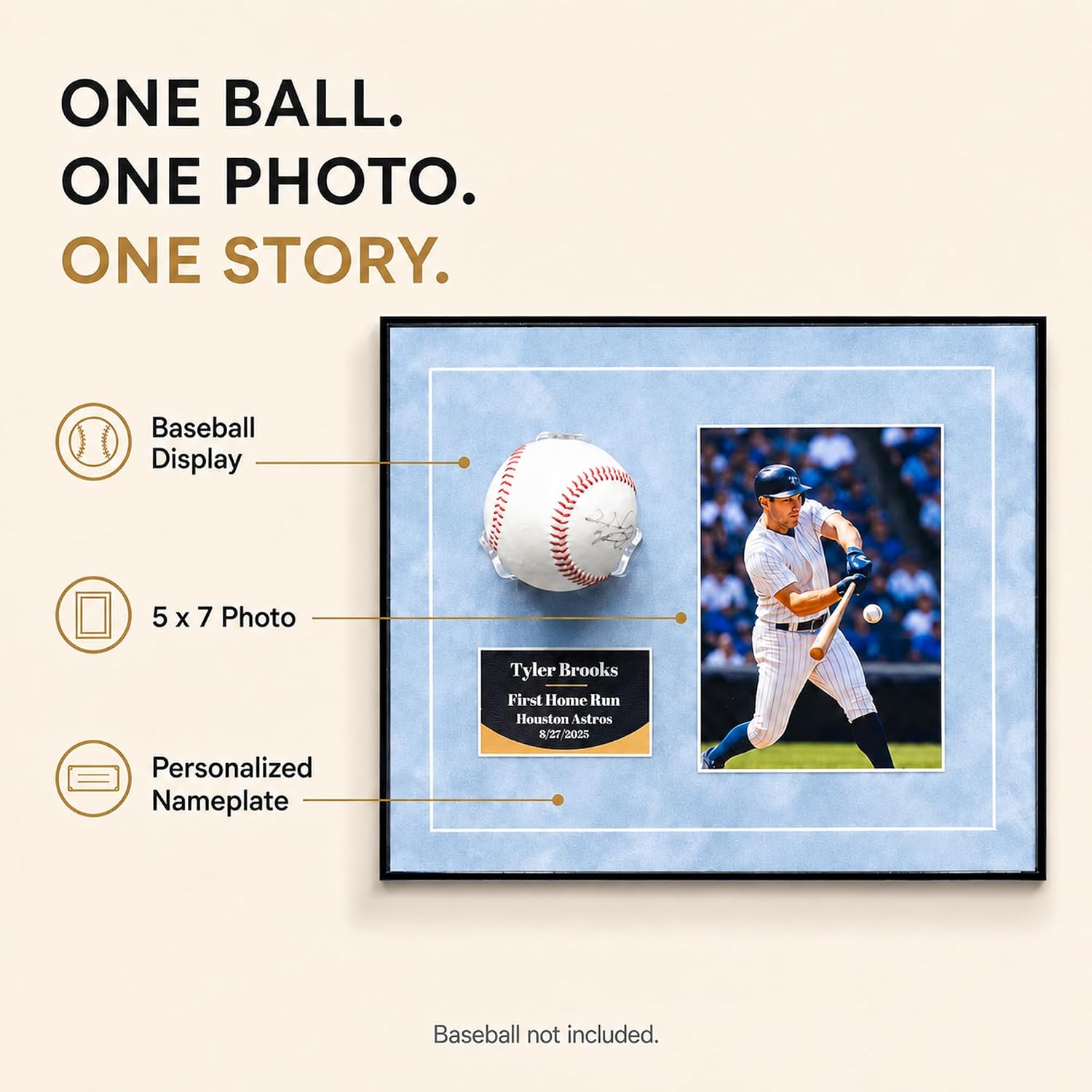 Personalized Baseball Display Frame with External Ball Holder, Custom 5x7 Photo and Printed Nameplate, Light Blue Suede Mat, Wall or Shelf Memorabilia Gift, 13.5 x 11.5 in