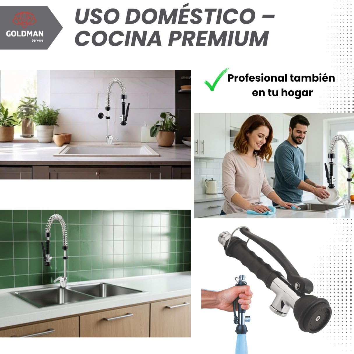 GOLDMAN SERVICE | Grifo Pulverizador Profesional Fregadero Cocina Industrial y Hogar | Mango Ergonómico Eco Saver | Cabezal Rociador Acero Inoxidable Hostelería Restaurantes