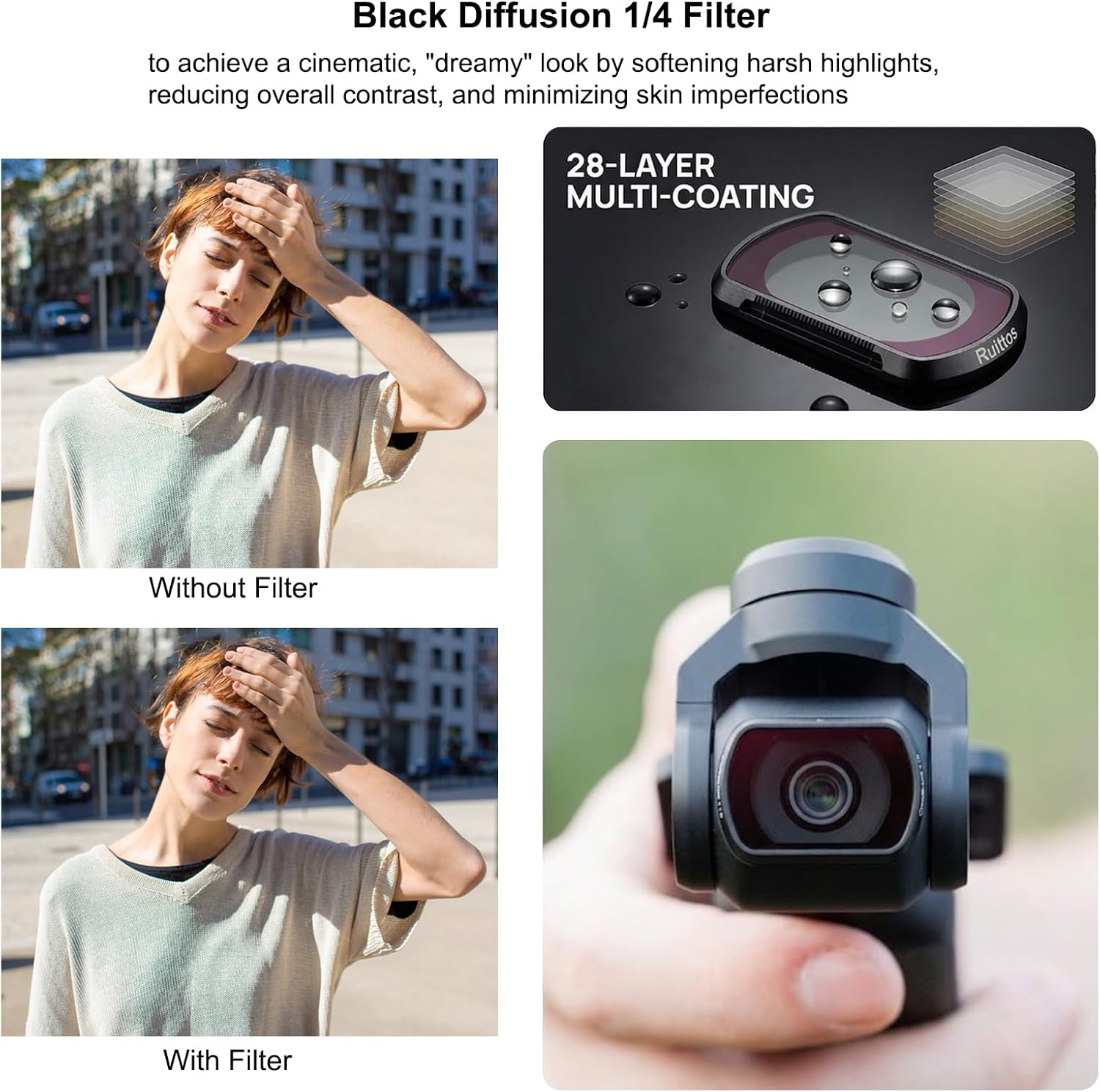 4-Pack Magnetic Filter Set for DJI Osmo Pocket 4/3, Includes ND2-32 Variable ND, CPL, 1/4 Black Mist Diffusion, and Wide-Angle Lens, with Storage Case and LCD Protector for Vlogging & Filmmaking