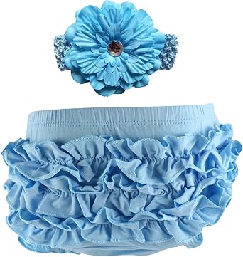 Wennikids Baby Girls Cotton Ruffle Diaper Covers Headband Set - Multicolor Small Light Blue