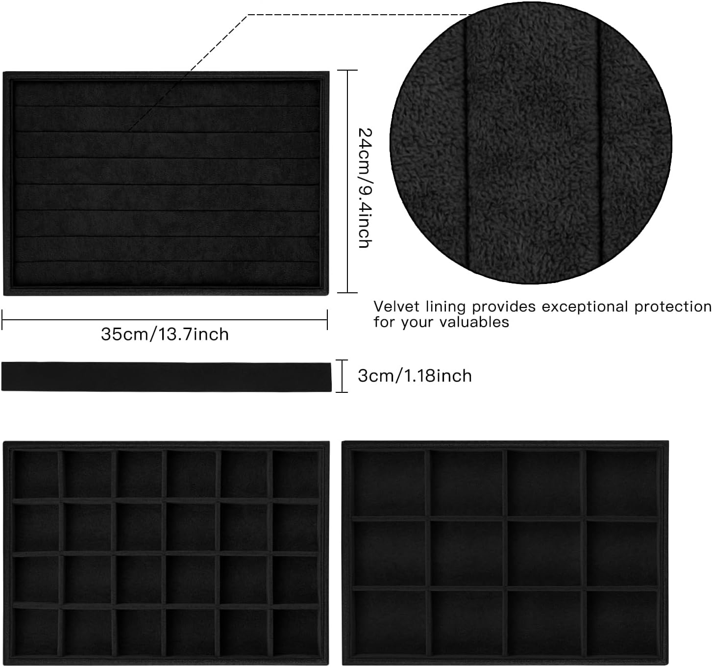 Rocutus Jewelry Trays,3 Pack Stackable Velvet Jewelry Organizer Tray Drawer Jewelry Storage Tray,Divided Ring Organizer Tray for Earrings, Necklaces, Bracelets,13.8"x9.5"x1.2" (Black) - Image 2