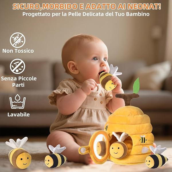 VORENUS Giochi Neonato 6-12 Mesi - Alveare Morbido con 5 Api Sonaglio/Specchio Neonati Montessori Sensoriale Educativo per Bambini 1 2 3 Anni, Regalo 6 9 12 18 Mesi Bimbo Bimba - 5