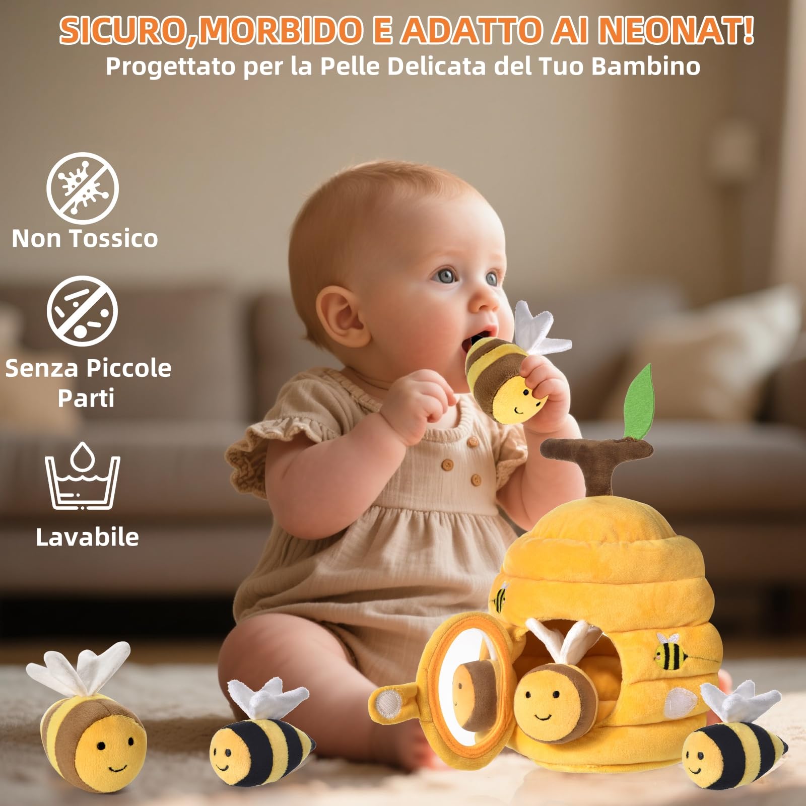 VORENUS Giochi Neonato 6-12 Mesi - Alveare Morbido con 5 Api Sonaglio/Specchio Neonati Montessori Sensoriale Educativo per Bambini 1 2 3 Anni, Regalo 6 9 12 18 Mesi Bimbo Bimba