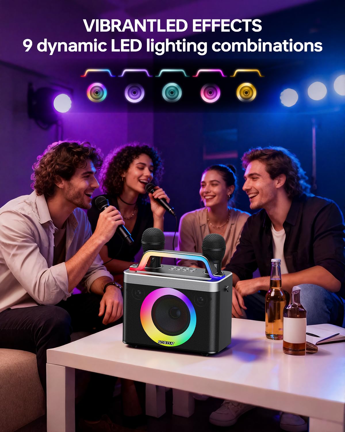 Karaoke Portatile Bluetooth per Adulti e Bambini - 2 Microfoni Wireless, Tracolla, Divertente Cambio di Voce, Supporto USB/AUX, per Eventi All'aperto e Regali per Feste