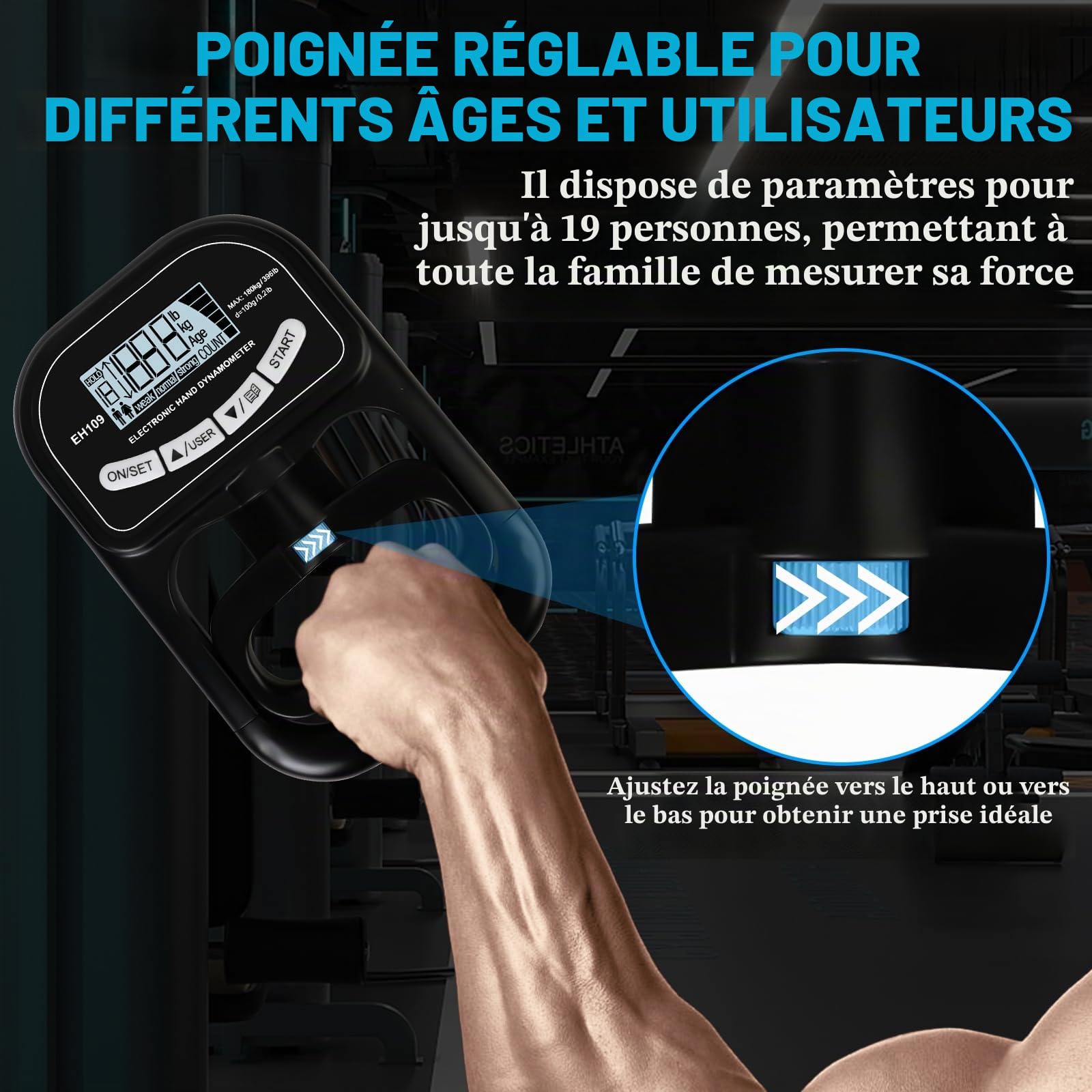 Dynamomètre Numérique à Main 180 Kg, Dynamomètre électronique Rechargeable, Avec écran LCD, 19 Fonction D'enregistrement D'utilisateur, Pour Convient aux athlètes et à l'entraînement à domicile