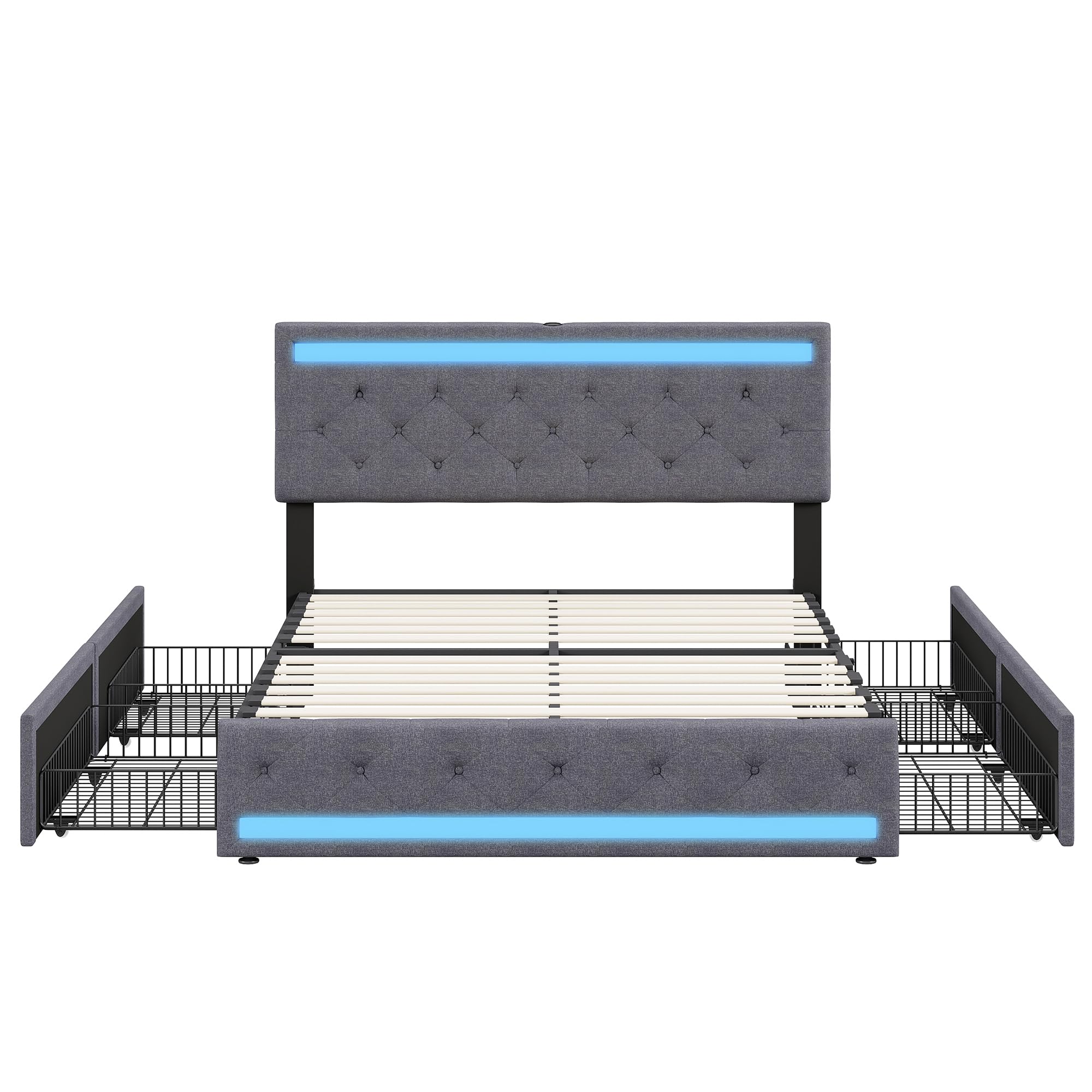 Lit Double 180x200 cm avec Sommier et 4 Tiroirs de Rangement, Lit Rembourré en Lin avec Tête de Lit à LED et Station de Charge USB/Type-C,Cadre de Lit Moderne Design Gris pour Adulte et Chambre d'amis