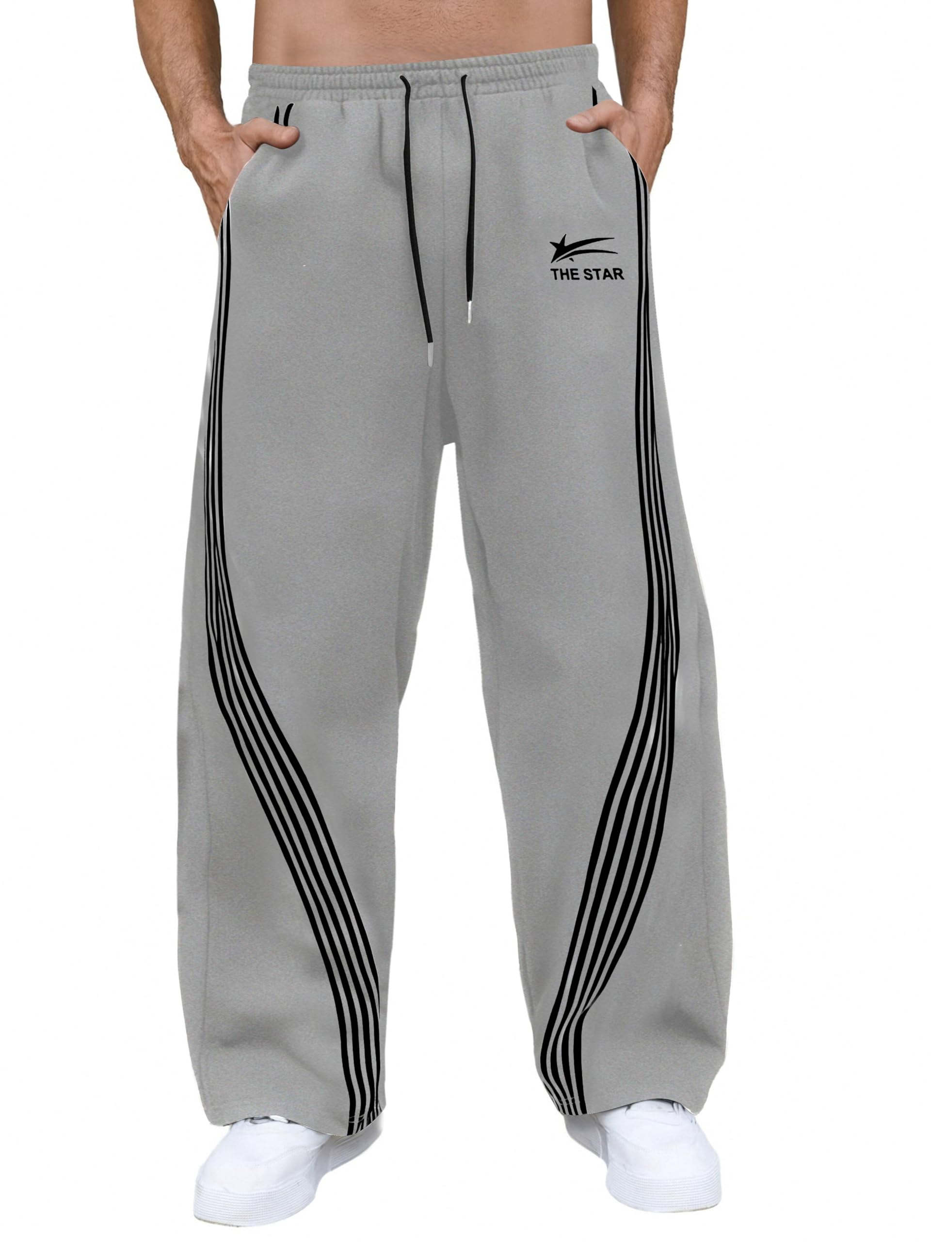 GORGLITTER Men's Baggy Wide Leg Sweatpants Y2K Striped Side Drawstring Waist Barrel Track Pants with Pockets