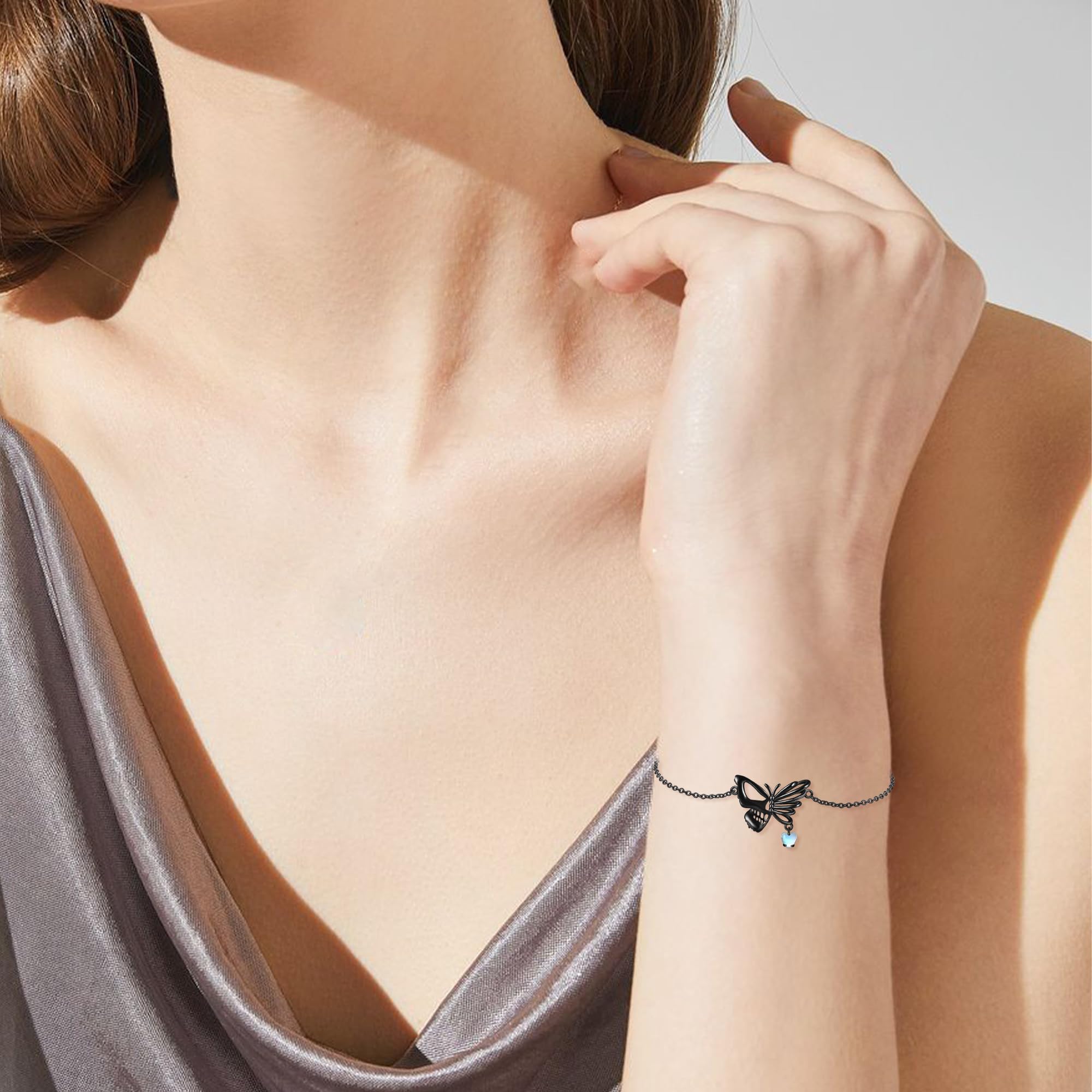 Schwarz Armbänder Sterling Silber Schmetterling Totenkopf Armband Gothic Schmuck Muttertag Weihnachten Halloween Geschenk für Damen Frauen