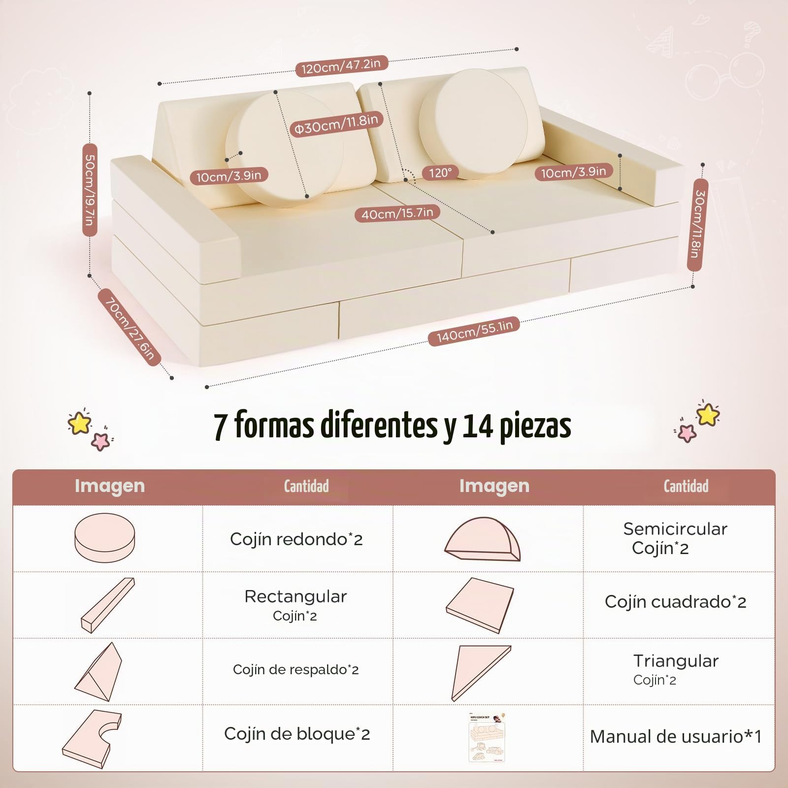 Sofá para niños CUPCHID, sofá modular de juego, sofá para niños, muebles para dormitorio y sala de juegos para niños pequeños, espuma convertible (Set de 14 - Beige)