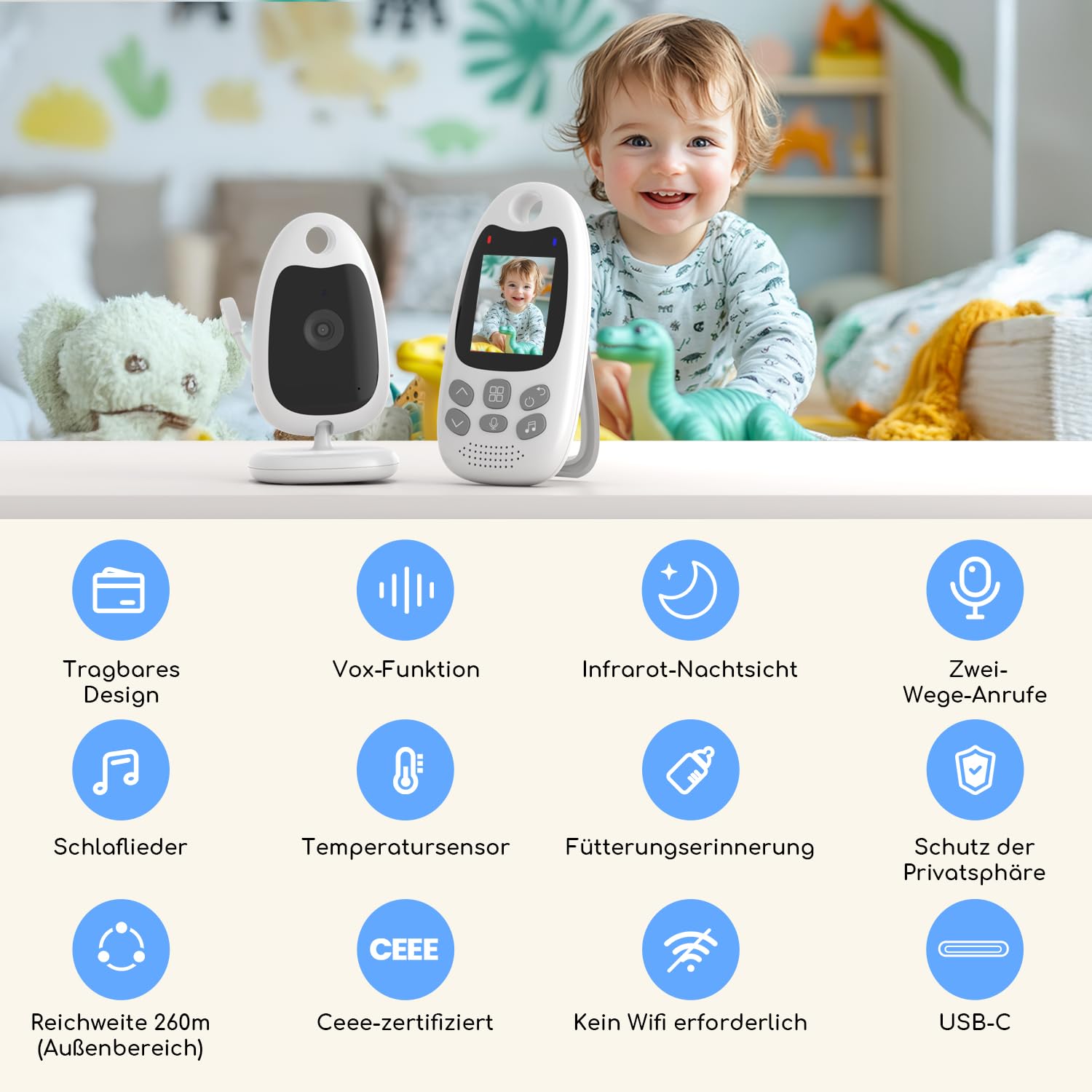 BOIFUN Babyphone mit Kamera, 2 Zoll 720P Monitor, Ohne WLAN, Nachtsicht, 2 Wege Audio, Vox-Funktion, Schallerkennung, Temperaturerkennung, Schlaflieder