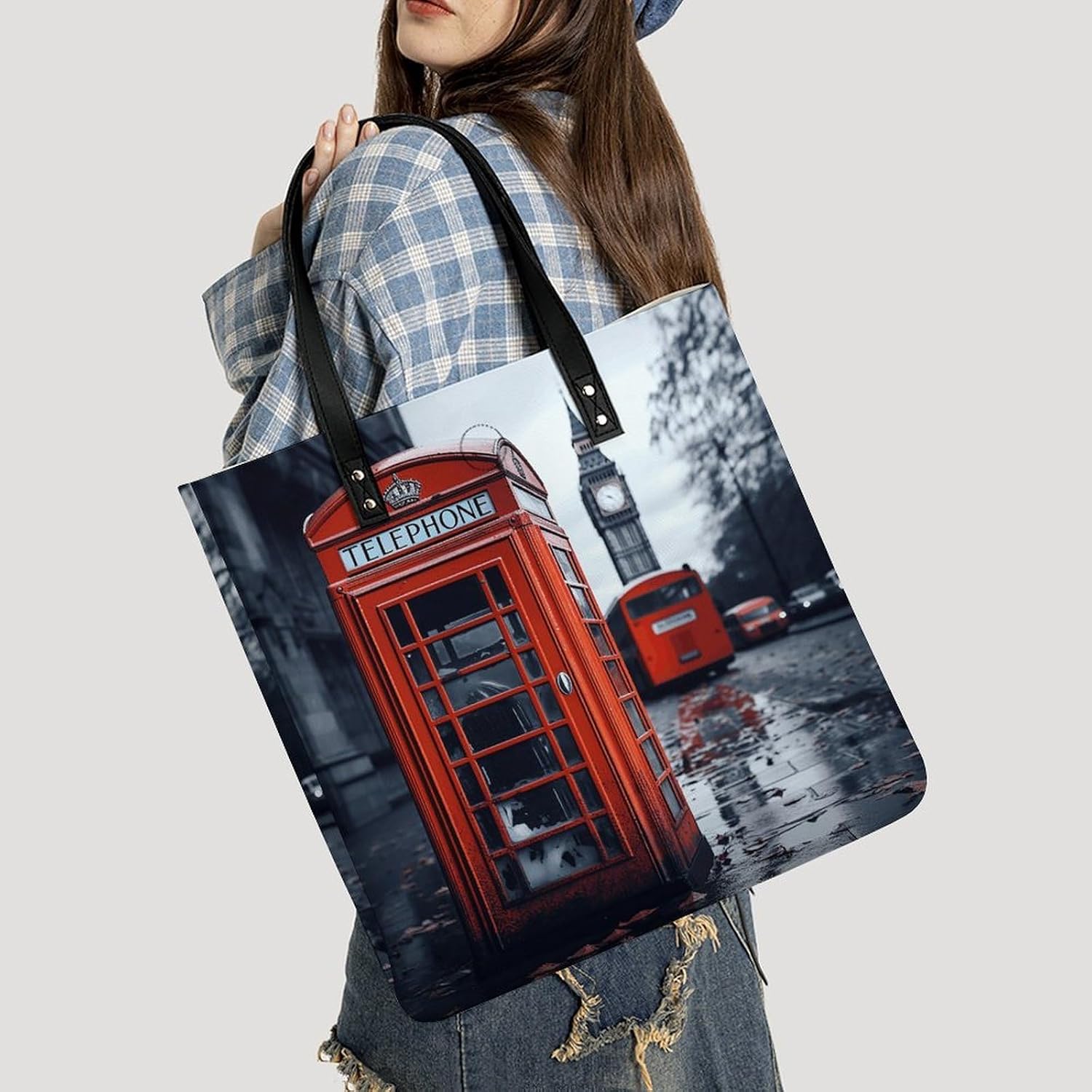 England UK Retro London Telephone Tote Bag with Magnetic Buckle Reusable Grocery Bags Lightweight Cross Body Handbag for Daily Essentials