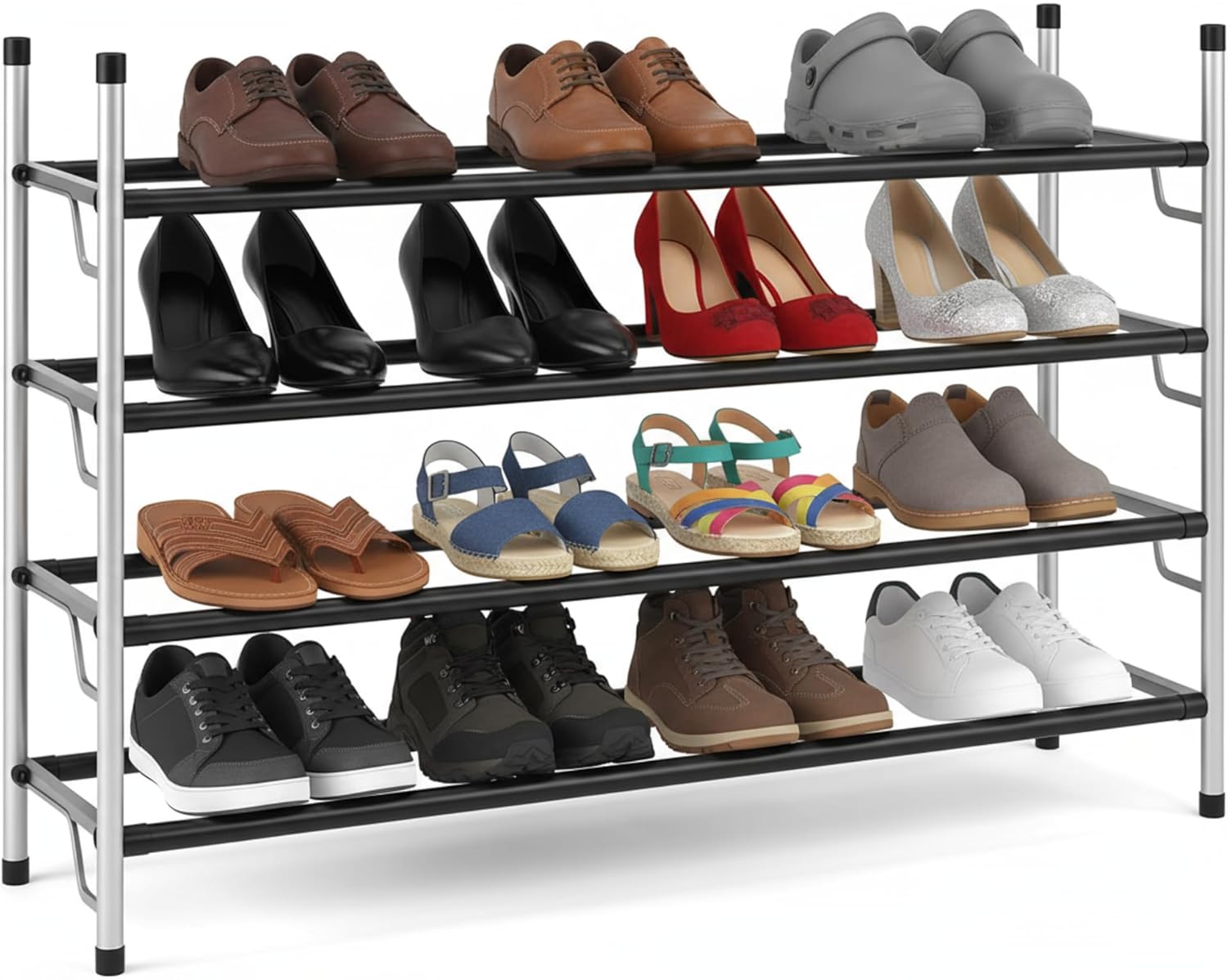 USTECH Expandable Shoe Rack, 4 Tier Adjustable Shoe Shelf Storage Organizer, Stackable Adjustable Standing Metal Shoe Shelf Organizer Storage, Alloy Steel Shoe Rack Adjustable