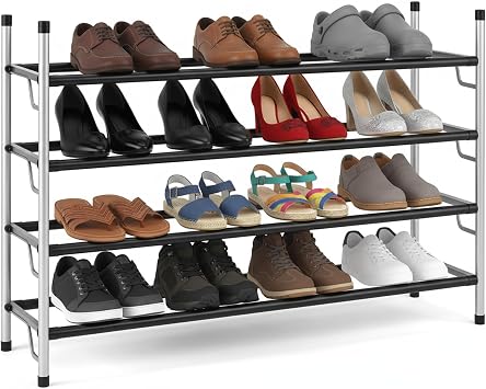 USTECH Expandable Shoe Rack, 4 Tier Adjustable Shoe Shelf Storage Organizer, Stackable Adjustable Standing Metal Shoe Shelf Organizer Storage, Alloy Steel Shoe Rack Adjustable